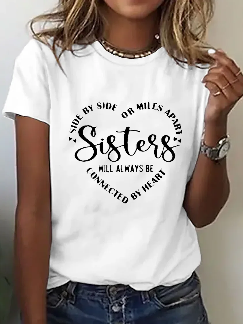 Sisters Text Letters Casual Crew Neck Short Sleeve Lightweight Loose T ...