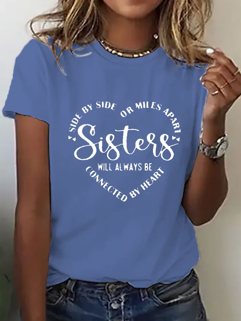 Sisters Text Letters Casual Crew Neck Short Sleeve Lightweight Loose T ...