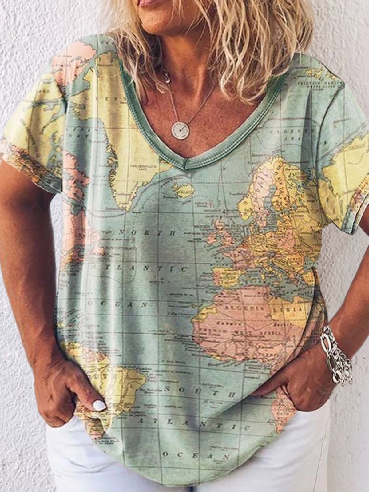 Plus Size Casual V Neck Jersey Map T-Shirt
