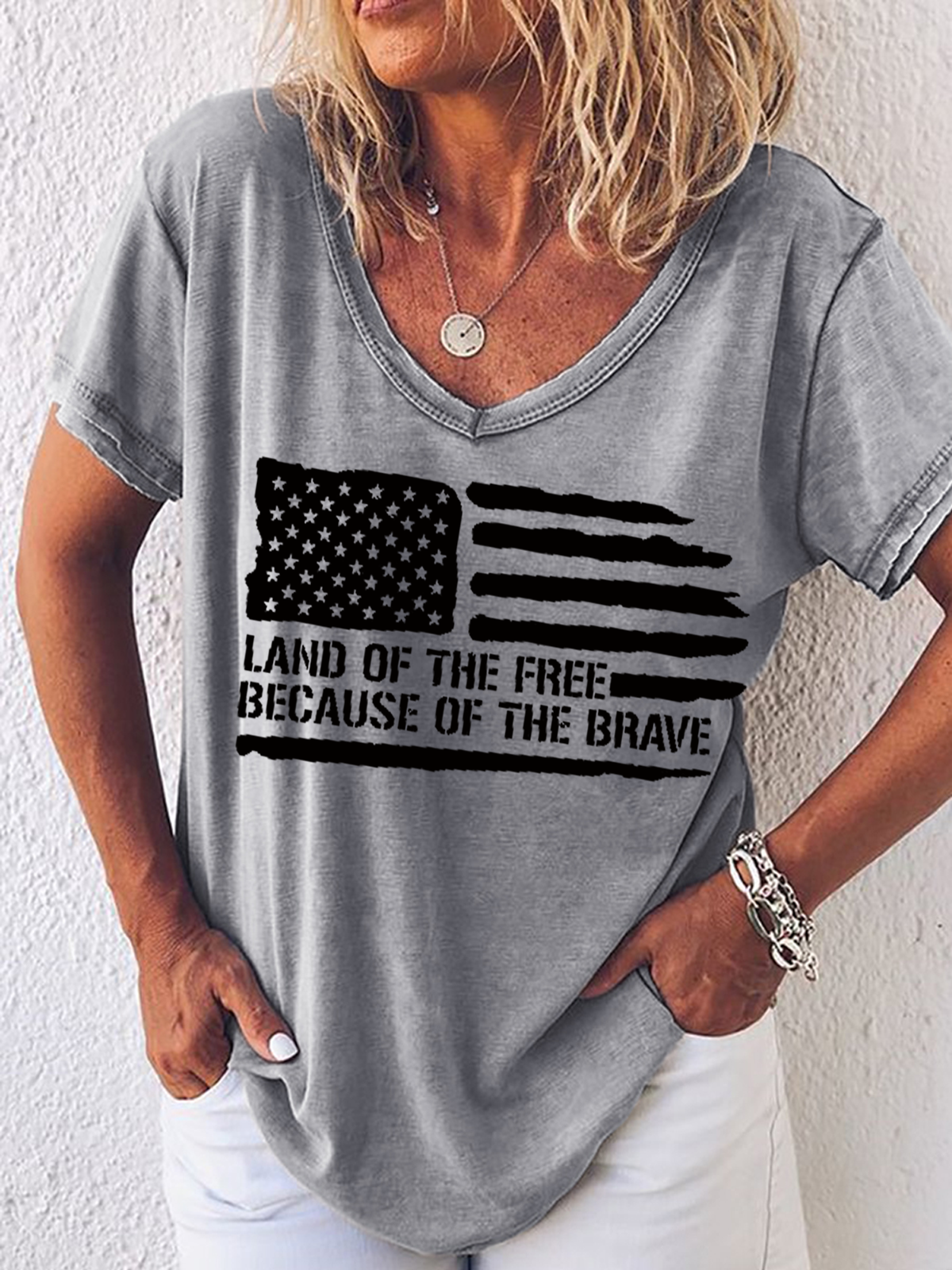 Women's Word Land Of The Free Because Of The Brave American Flag Loose Shirt