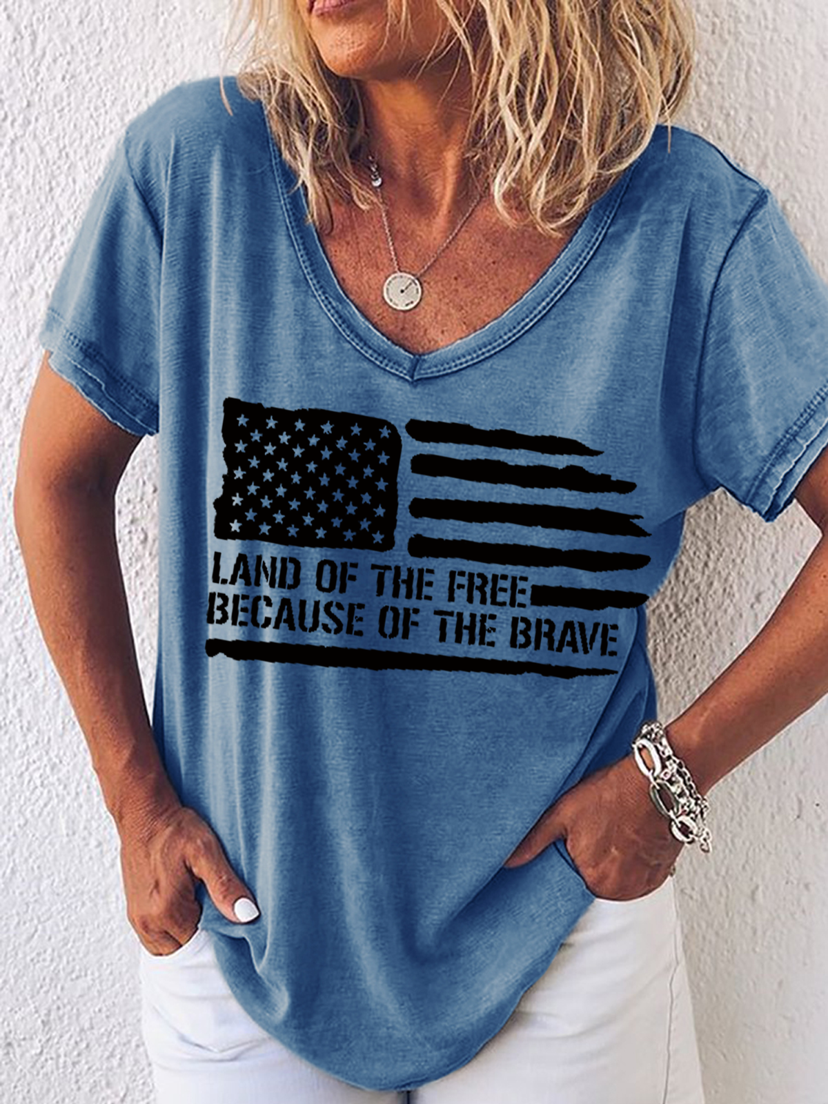 Women's Word Land Of The Free Because Of The Brave American Flag Loose Shirt