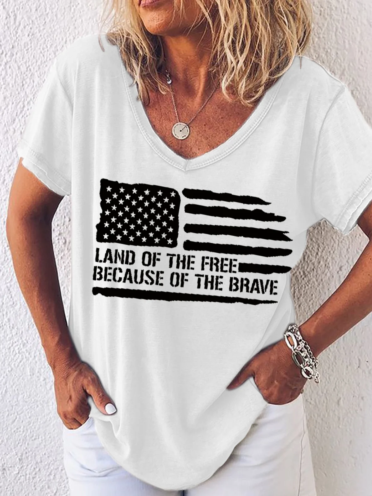 Women's Word Land Of The Free Because Of The Brave American Flag Loose Shirt