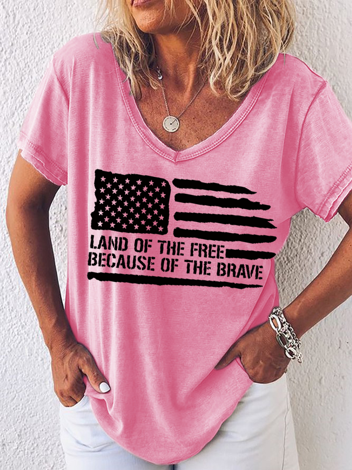 Women's Word Land Of The Free Because Of The Brave American Flag Loose Shirt