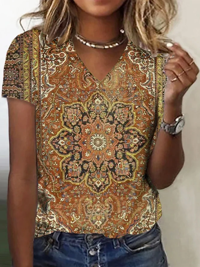Ethnic Mystery Mandala Printed Casual V Neck Regular Fit Short Sleeve T-Shirt
