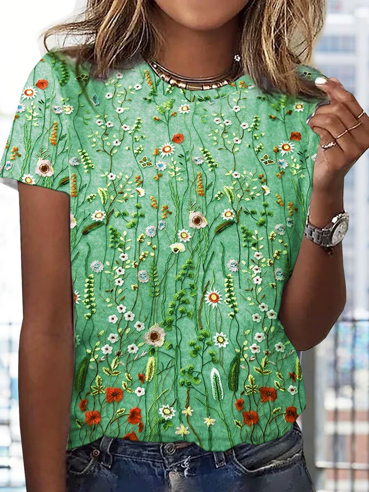 Floral Printed Casual Loose Crew Neck Jersey T-Shirt