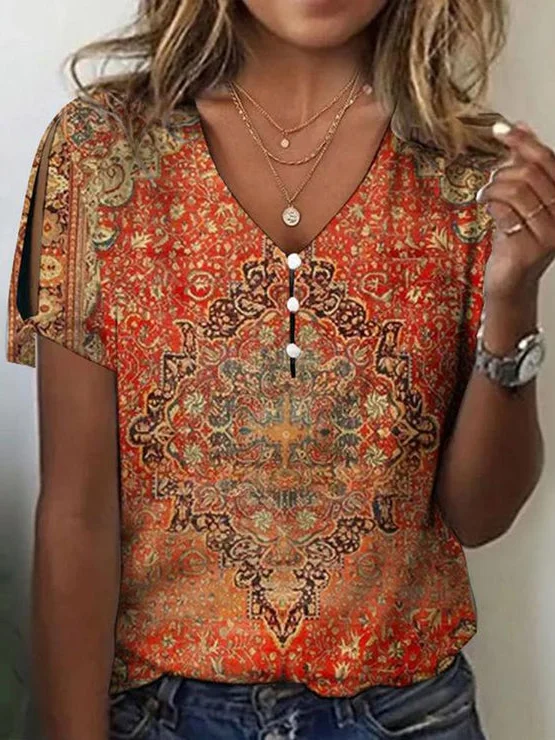 Ethnic Buckle Loose V Neck T-Shirt