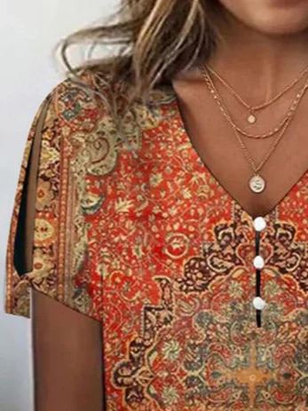 Ethnic Buckle Loose V Neck T-Shirt