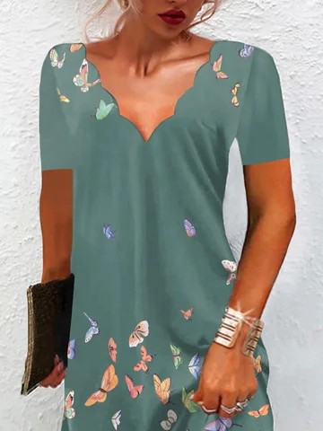 Butterfly Short Sleeve V Neck Casual Tunic Dress