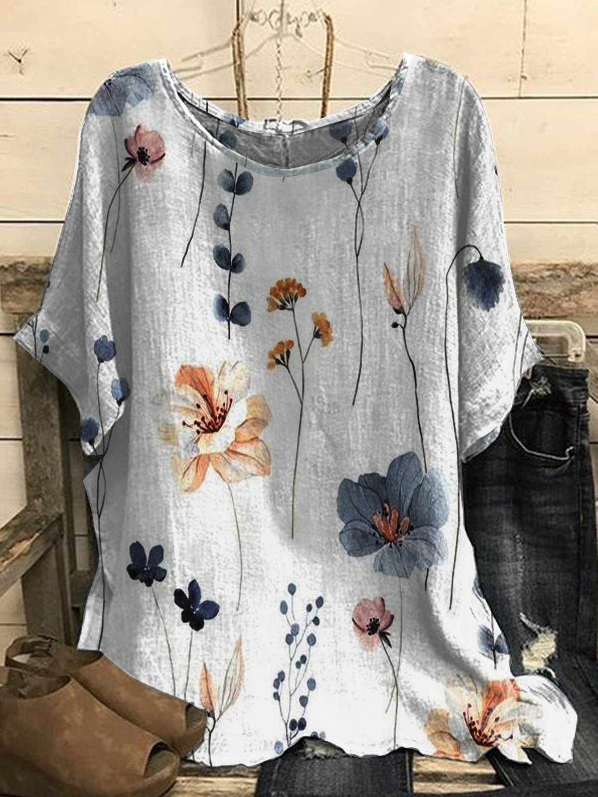 Casual Floral Print  Loose Crew Neck Shirt