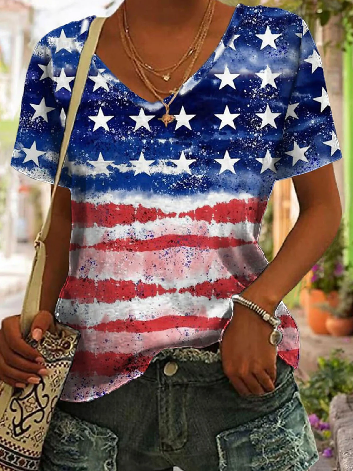 Casual Jersey Star V Neck Independence Day T-Shirt With America Flag