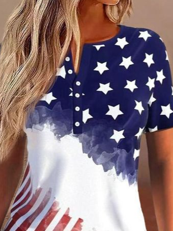 Striped Casual Buckle Independence Day Jersey Shirt With America Flag