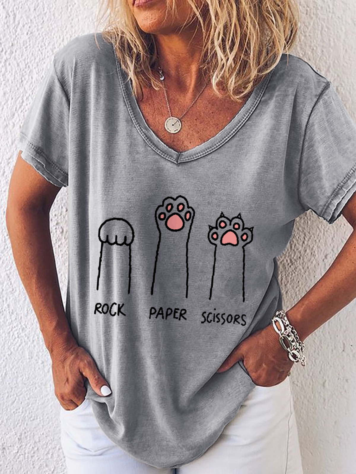 Women's Cute Cat Rock Paper Scissors Simple V Neck Loose T-Shirt