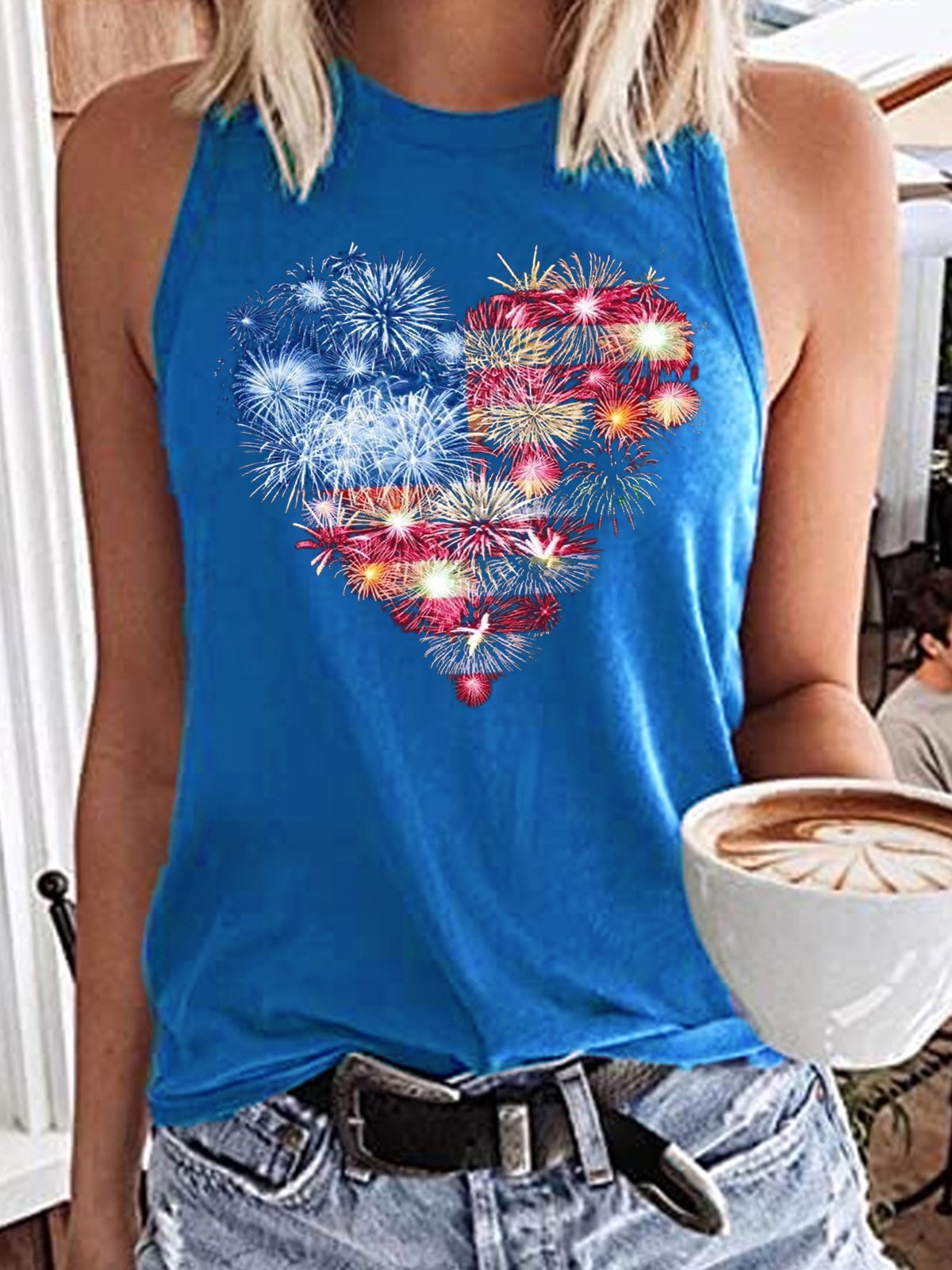 Women's America Flag firework Heart Print Casual Tank Top