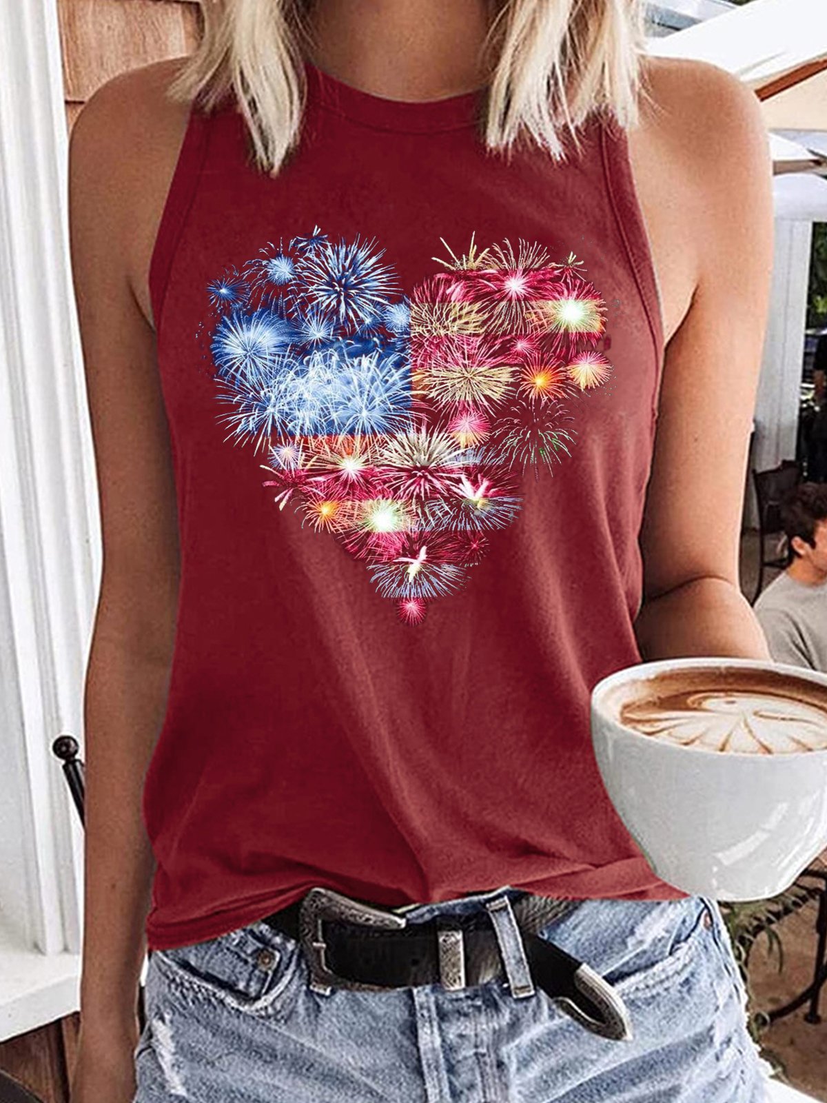 Women's America Flag firework Heart Print Casual Tank Top