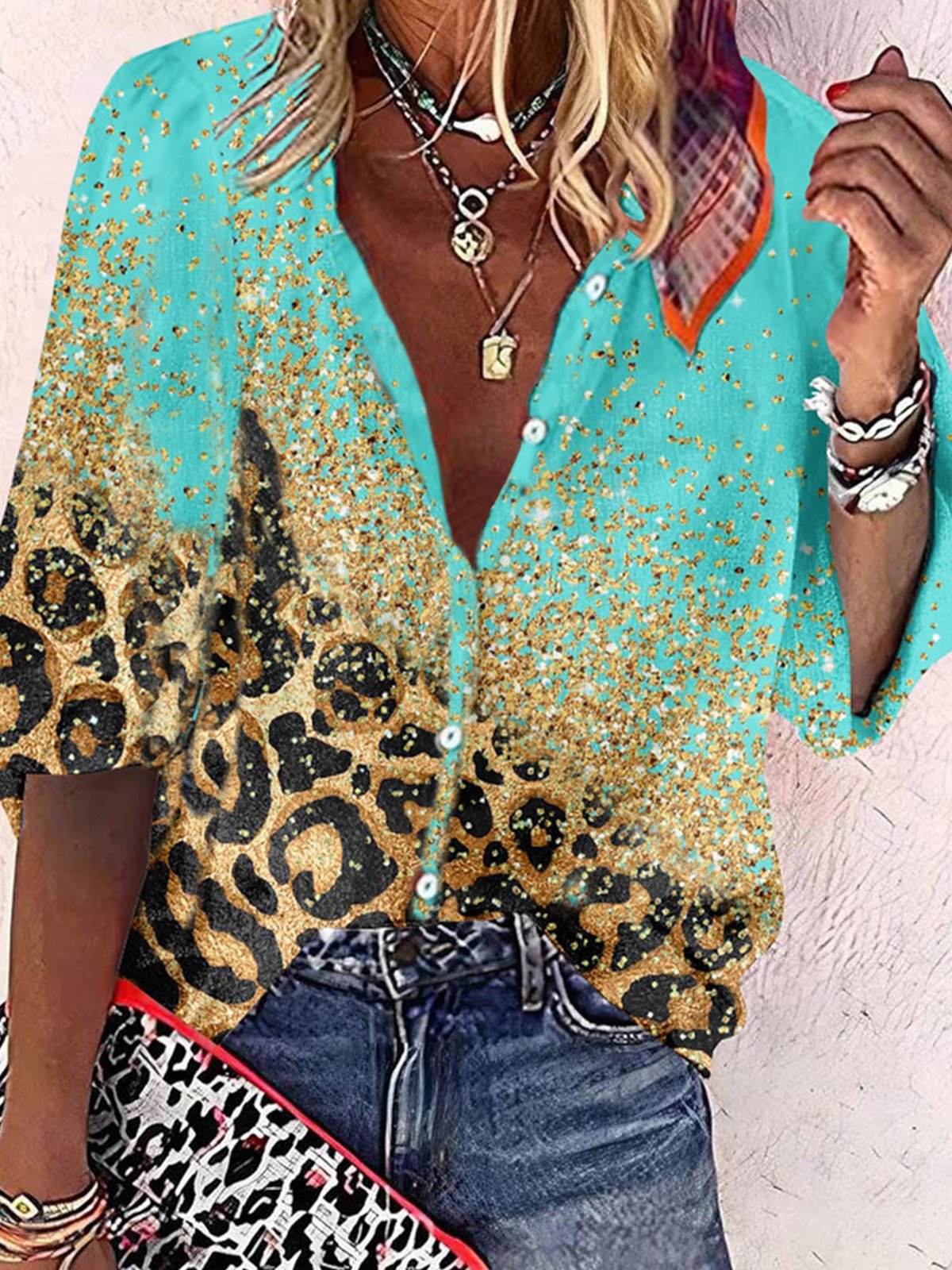 Casual Leopard Stand Collar Blouse