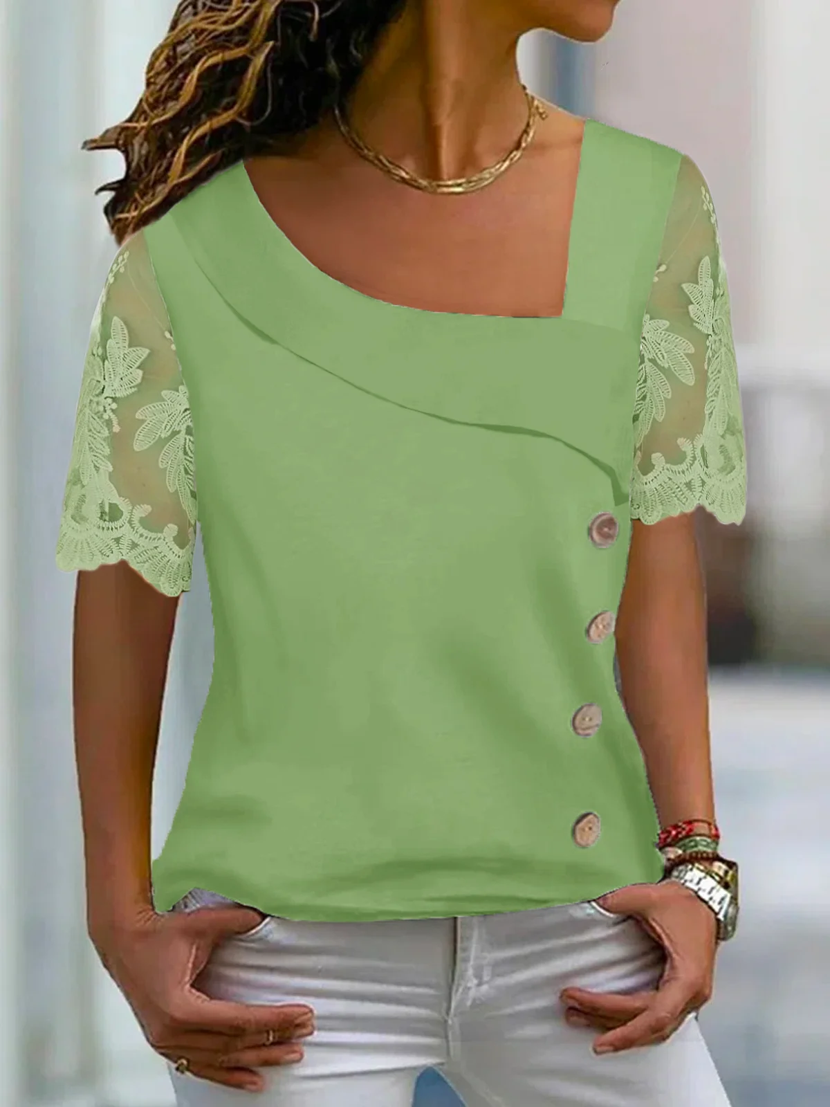 Casual Asymmetrical Neck Buttoned Design With Mesh Sleeve Shirt