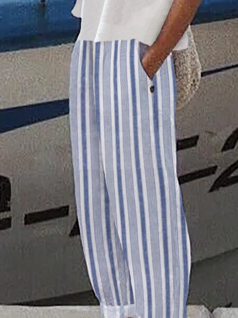 Casual Basic Striped Straight Pants With Pockets