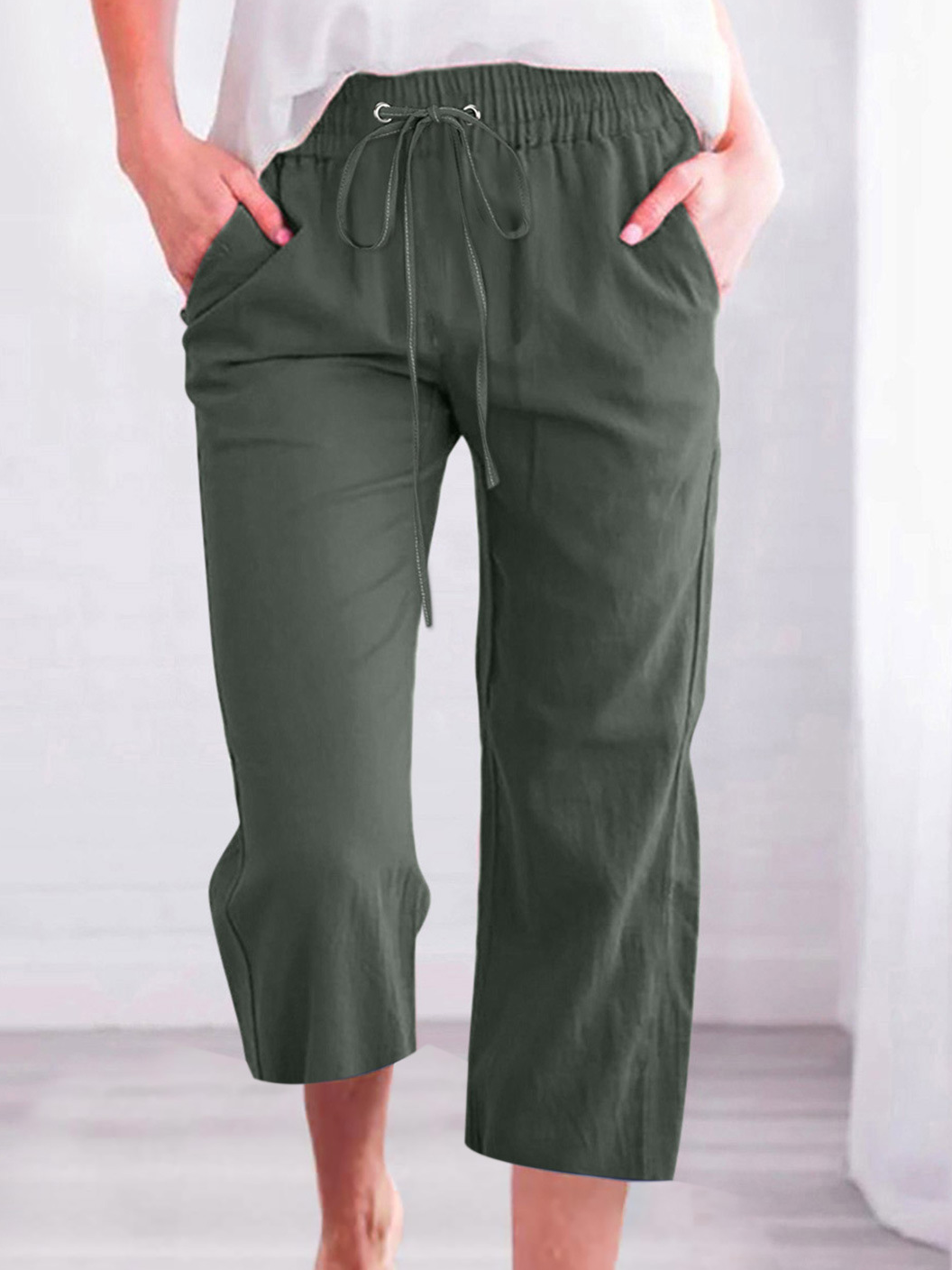 Women's Casual Summer Linen Pants High Waisted Loose Yoga Sweatpants Crop Pants with Pockets