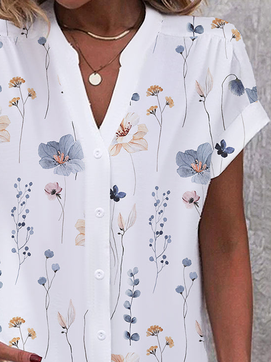 Buttoned Floral Printed Loose Casual Blouse