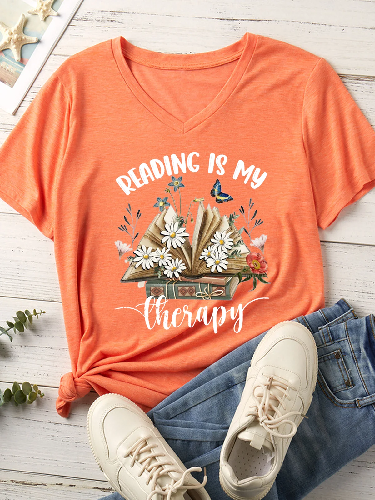 Women's Reading Is My Therapy V Neck Casual Text Letters T-Shirt