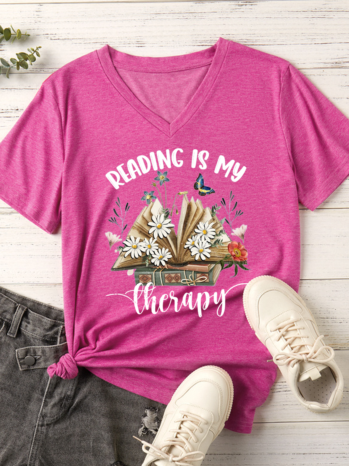 Women's Reading Is My Therapy V Neck Casual Text Letters T-Shirt