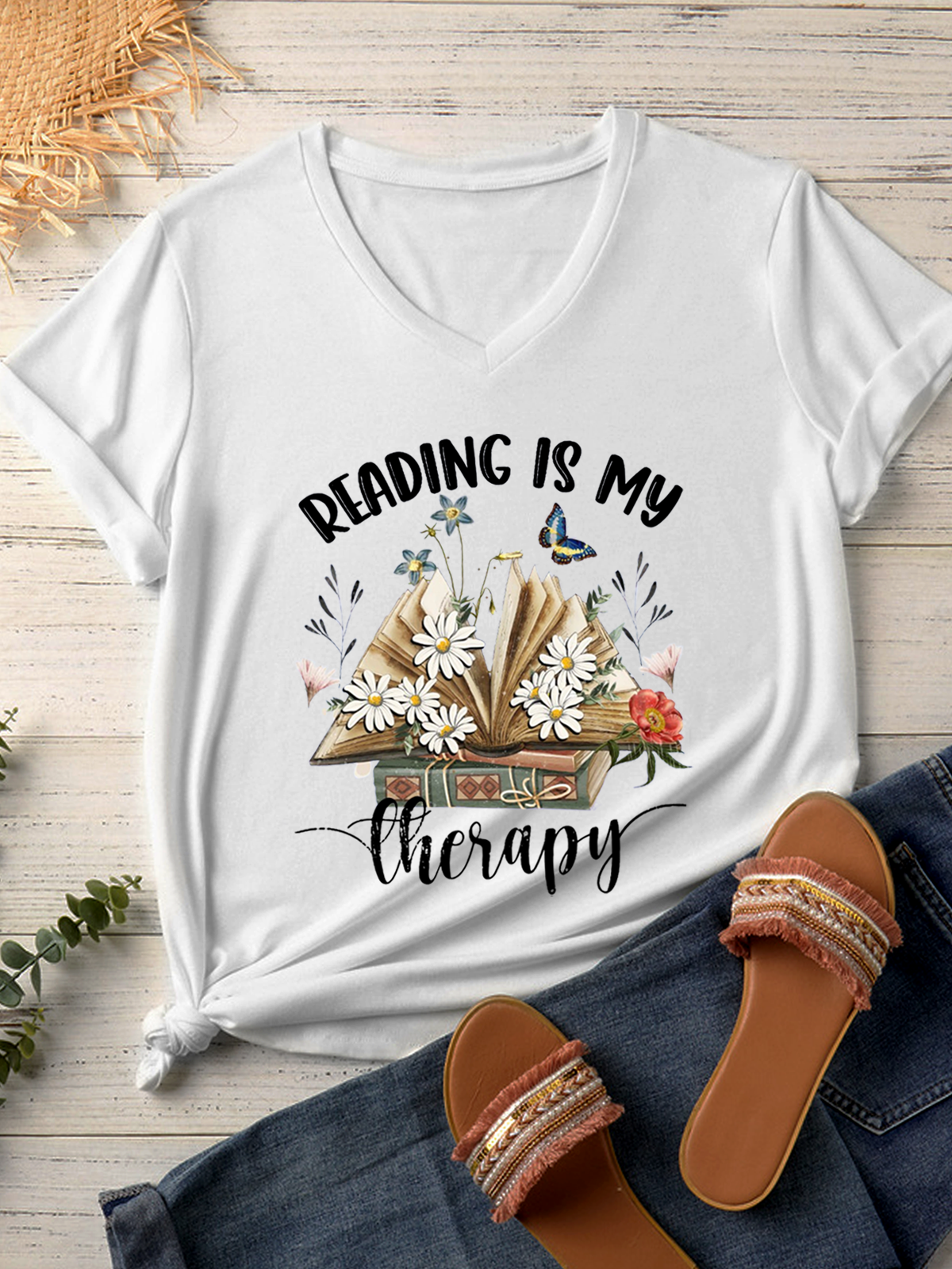 Women's Reading Is My Therapy V Neck Casual Text Letters T-Shirt