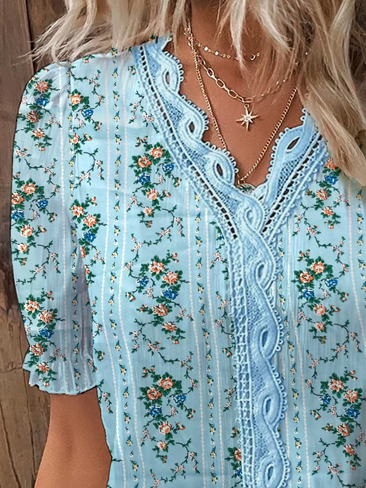 Lace Loose Casual Floral Printed Shirt