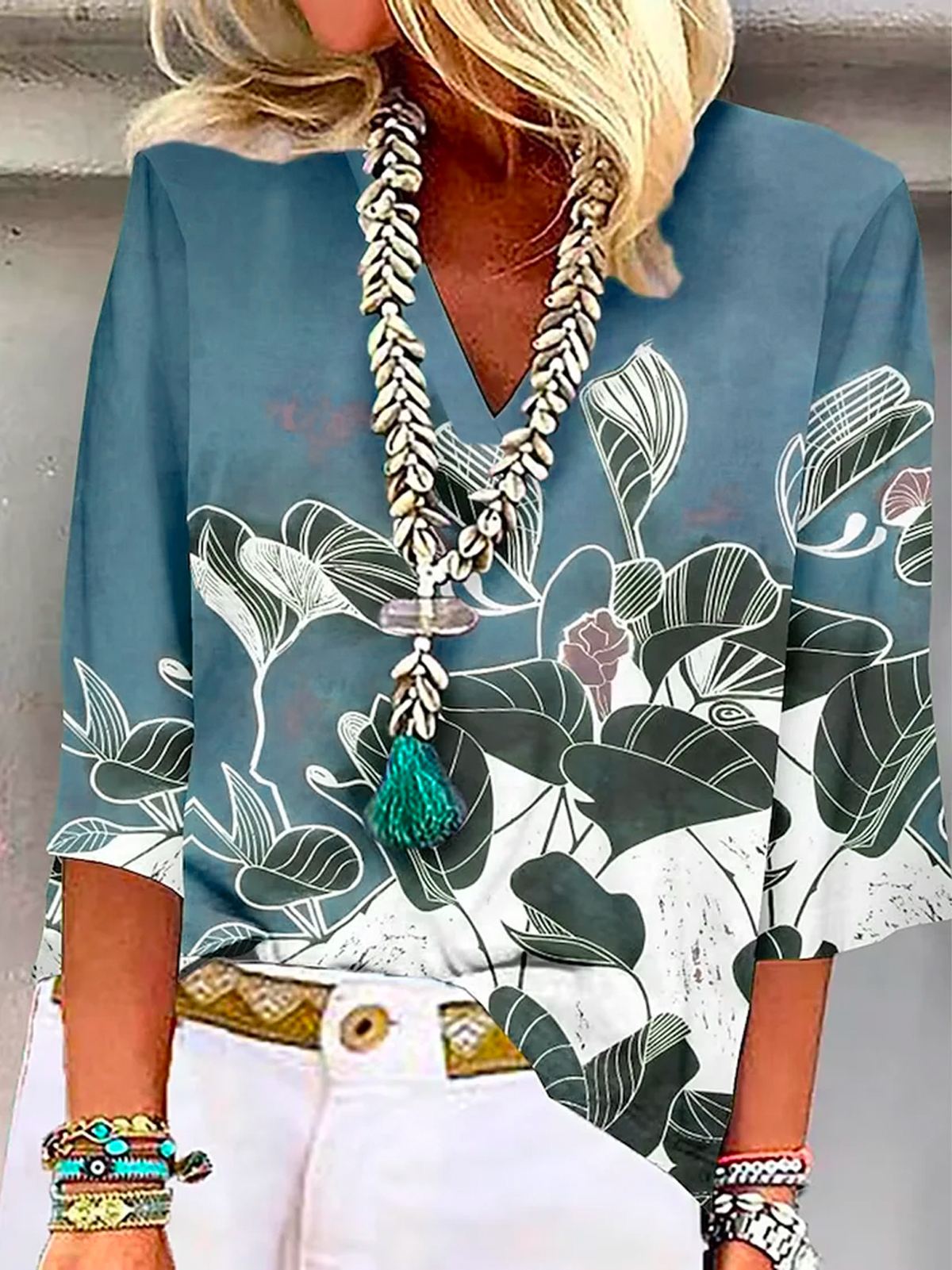 Floral Printed Casual V Neck Shirt