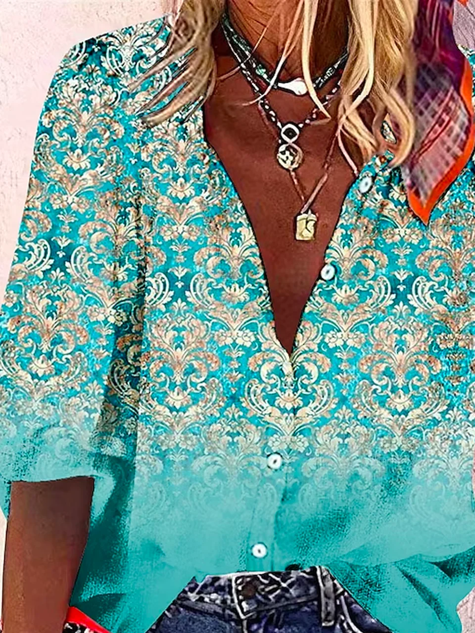 V Neck Loose Vacation Ethnic Blouse