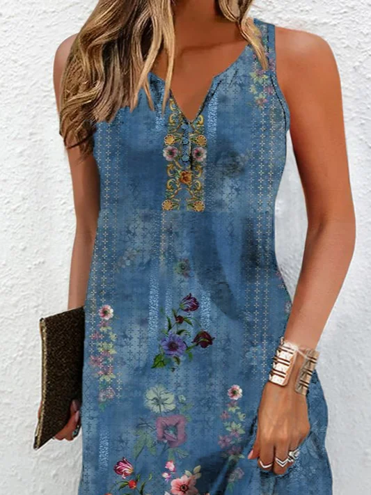 Casual Loose Ethnic Floral Printed Sleeveless Short Dress With Buttoned Design