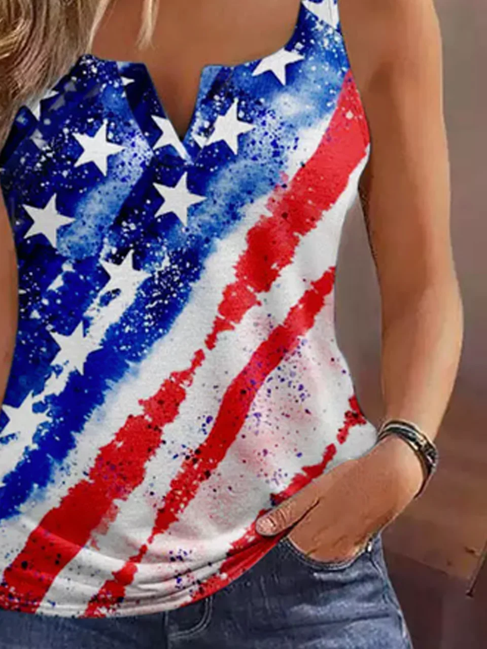 Casual Notched Neck Independence Day Cami With America Flag