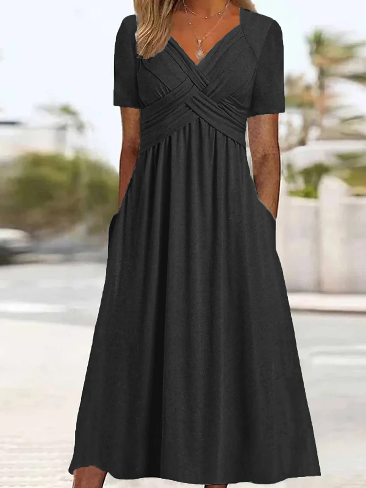 Plain Sweetheart Neckline Regular Fit Short Sleeve Casual Maxi Dress ...