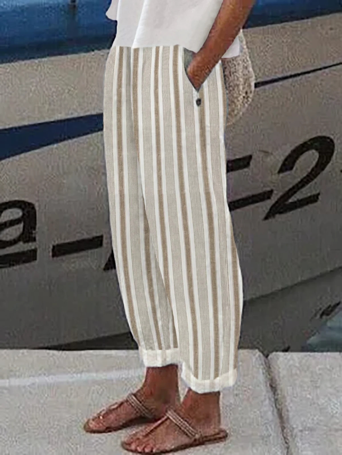Casual Basic Striped Straight Pants With Pockets