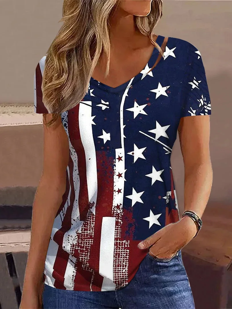 Country Casual Independence Day Design Knit T-Shirt With America Flag