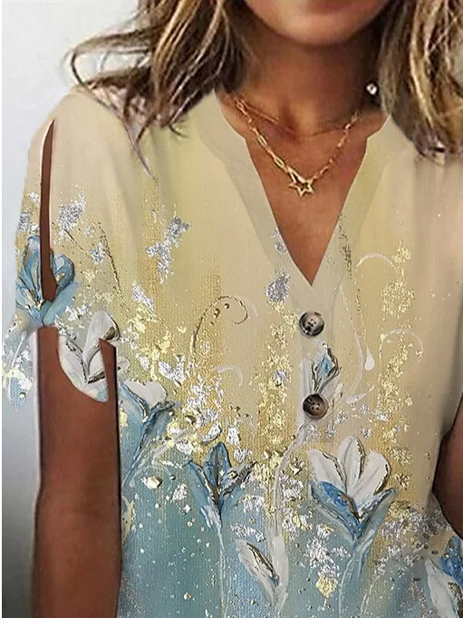 Floral Casual V Neck Loose Shirt