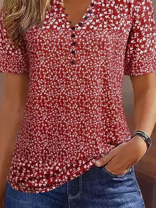 Casual Loose Floral Pattern Crew Neck With Buttoned Design Short Sleeve Shirt