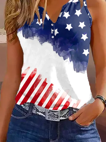 Striped Loose Casual America Flag Half Open Collar Independence Day Tank Top 