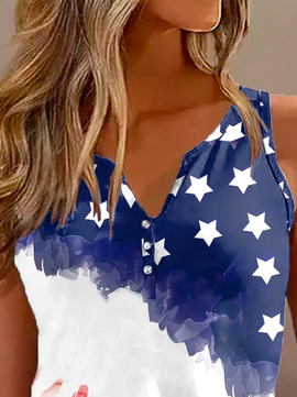Striped Loose Casual America Flag Half Open Collar Independence Day Tank Top 