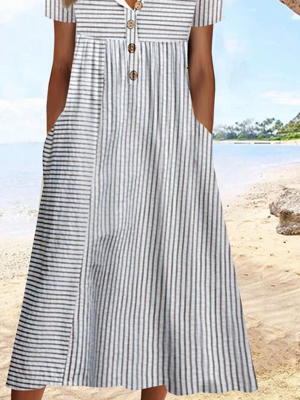 Buckle Striped Printed Vacation Loose Short Sleeve Midi Dress
