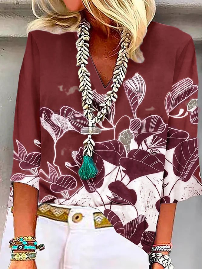 Floral Printed Casual V Neck Shirt