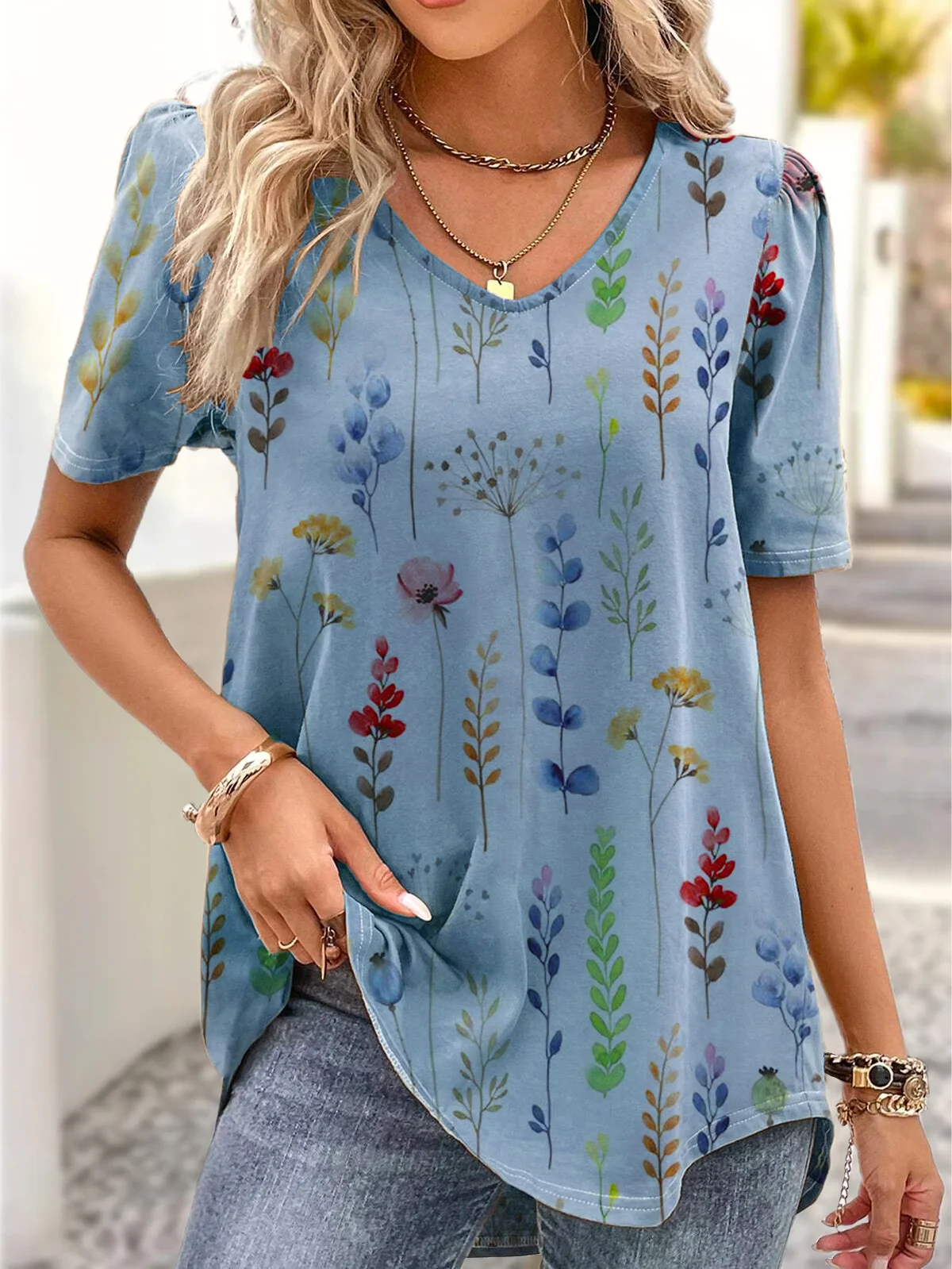 V Neck Casual Loose Floral Printed Short Sleeve H-Line Shirt