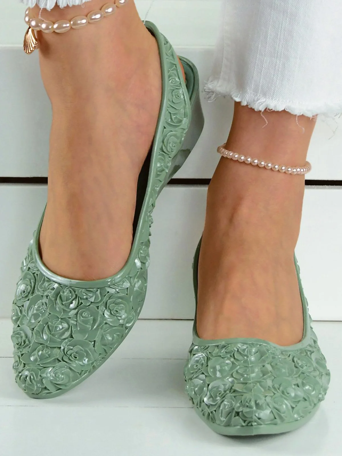 Waterproof Floral Wedge Heel Slingback Shallow Shoes