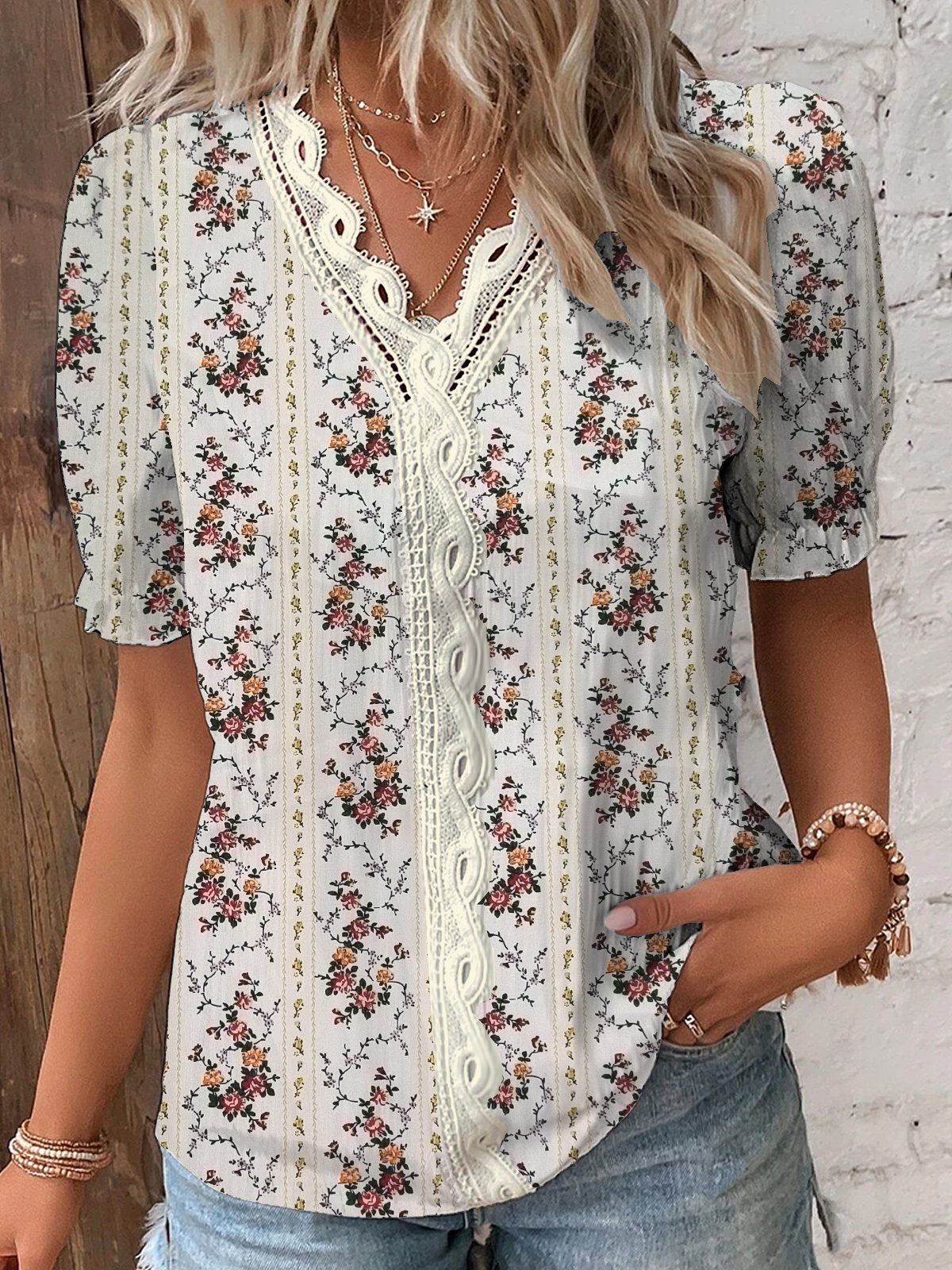 Lace Loose Casual Floral Printed Shirt