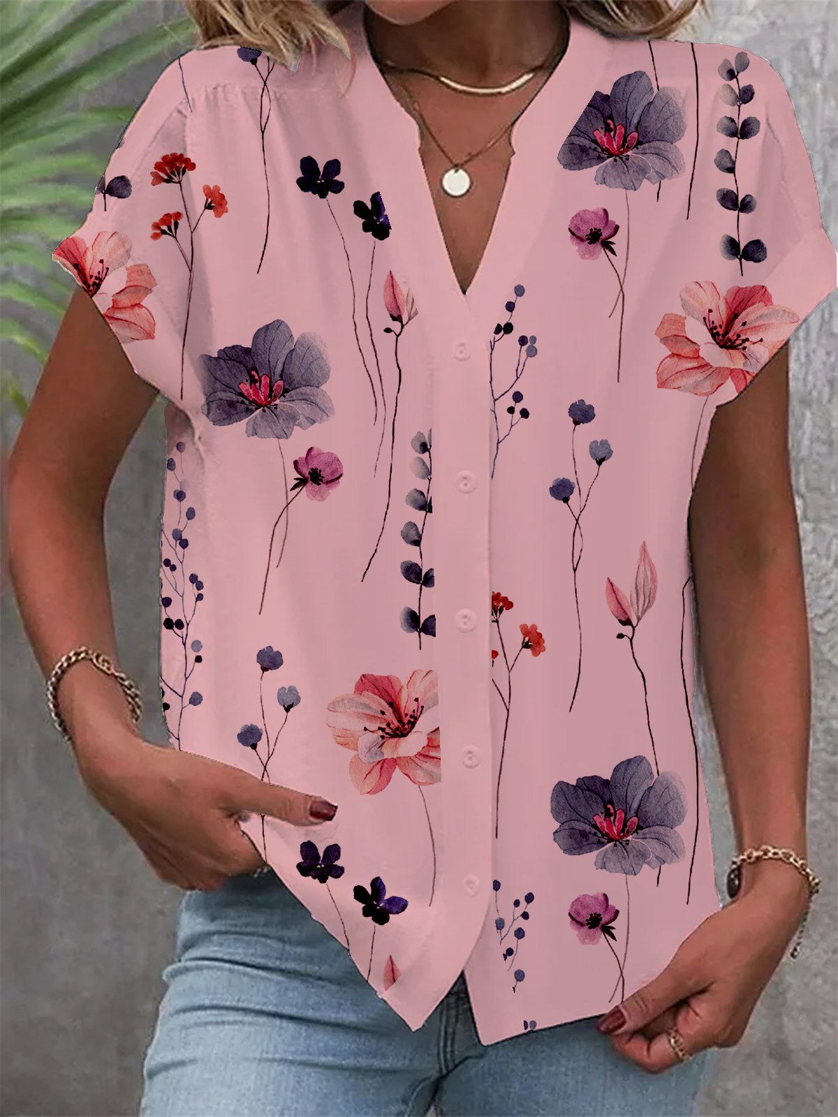 Buttoned Floral Printed Loose Casual Blouse