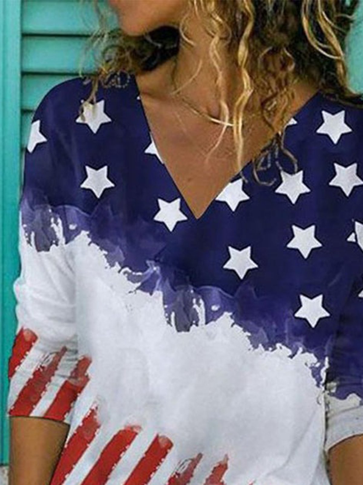 Independence Day America Flag Casual Loose V Neck Long Sleeve Shirt