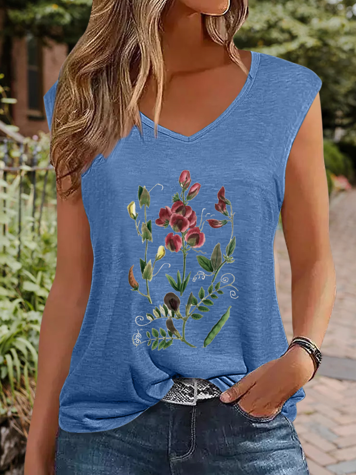 Women's Vintage Botanical V Neck Text Letters Regular Fit Simple Tank Top