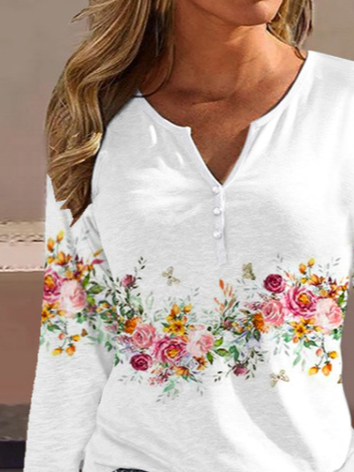 Countryside Field Flower Printed Long-sleeved Casual Shirt