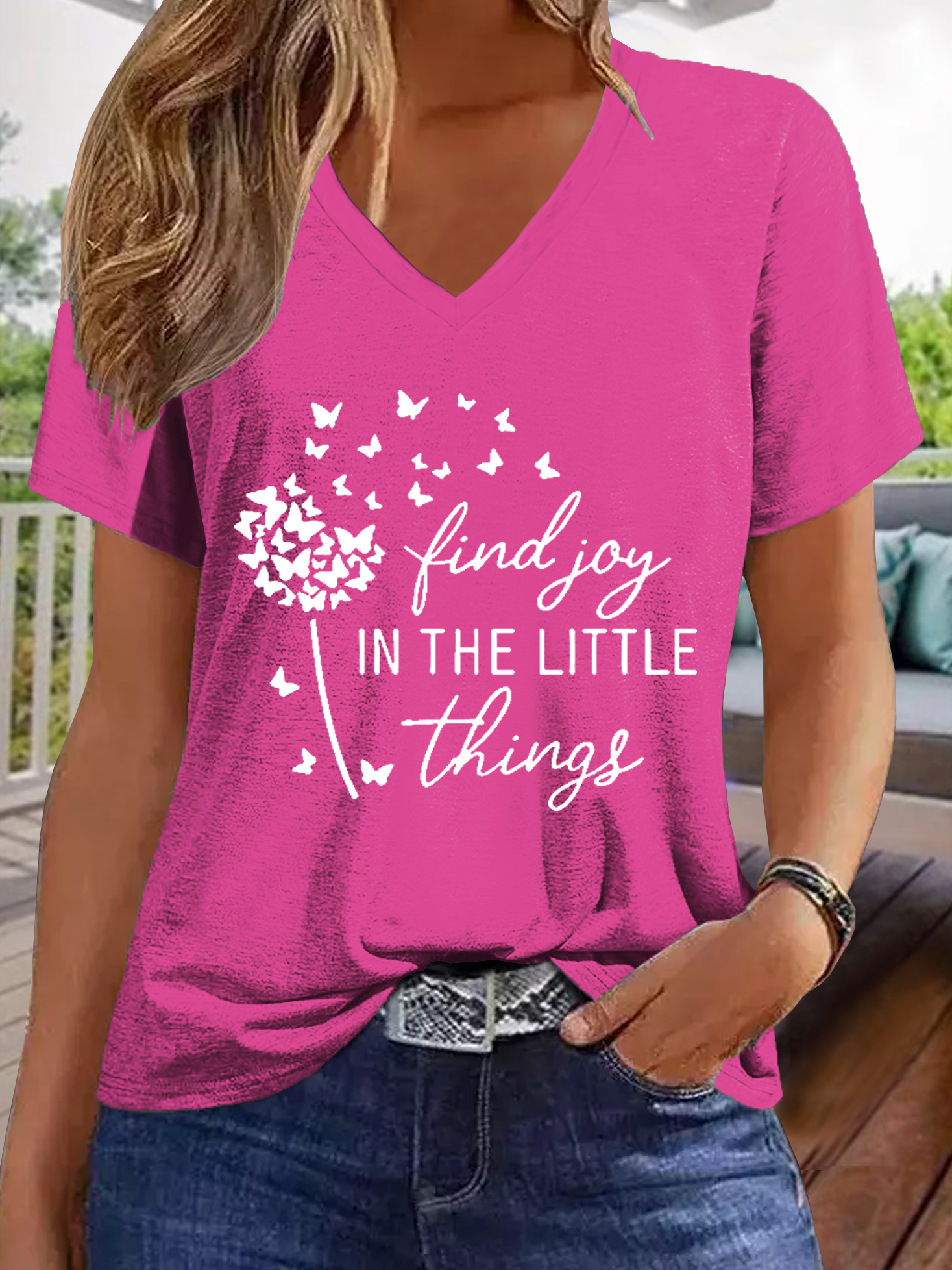 Women's Regular Fit Casual V Neck Text Letters T-Shirt