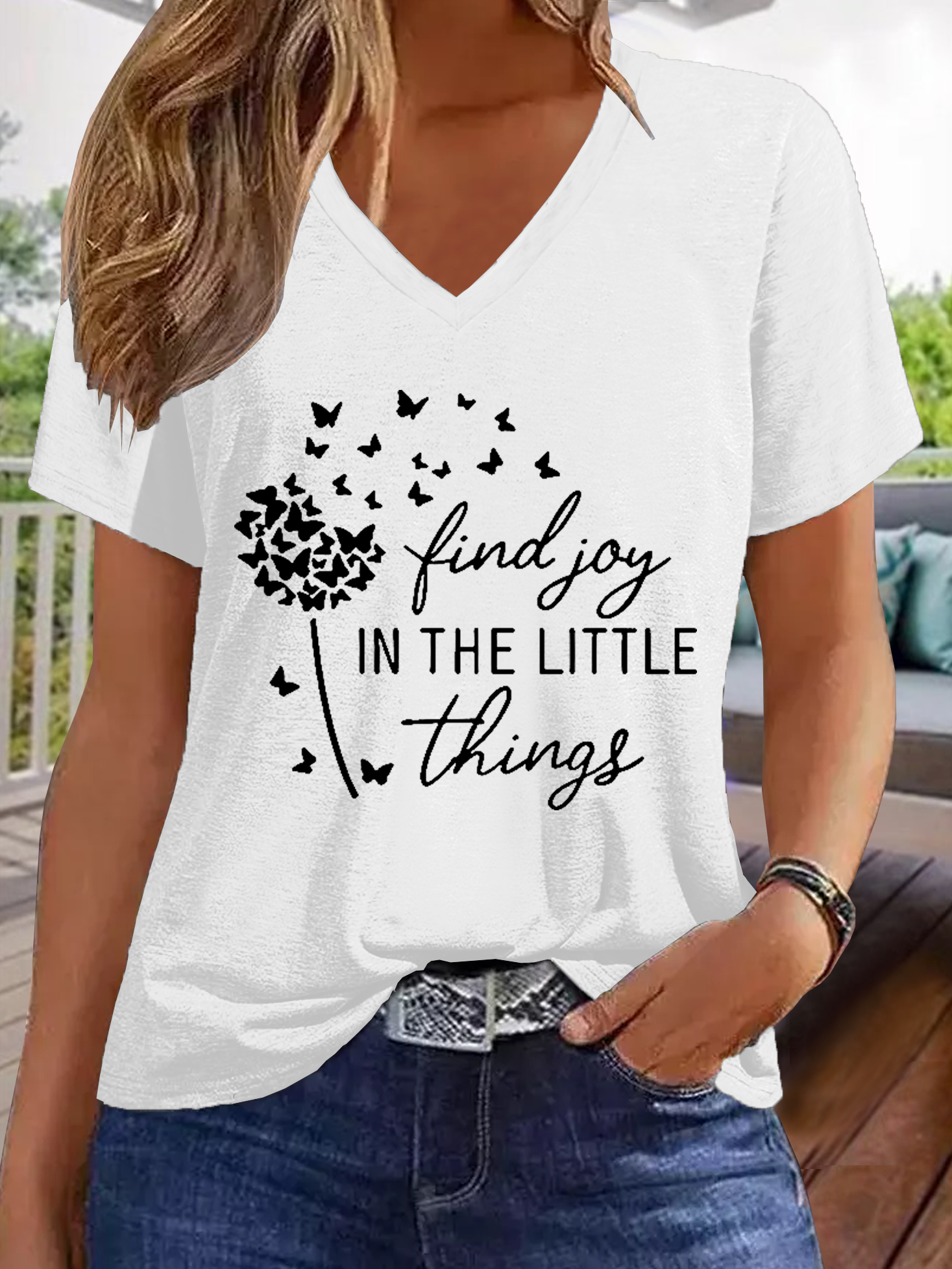 Women's Regular Fit Casual V Neck Text Letters T-Shirt