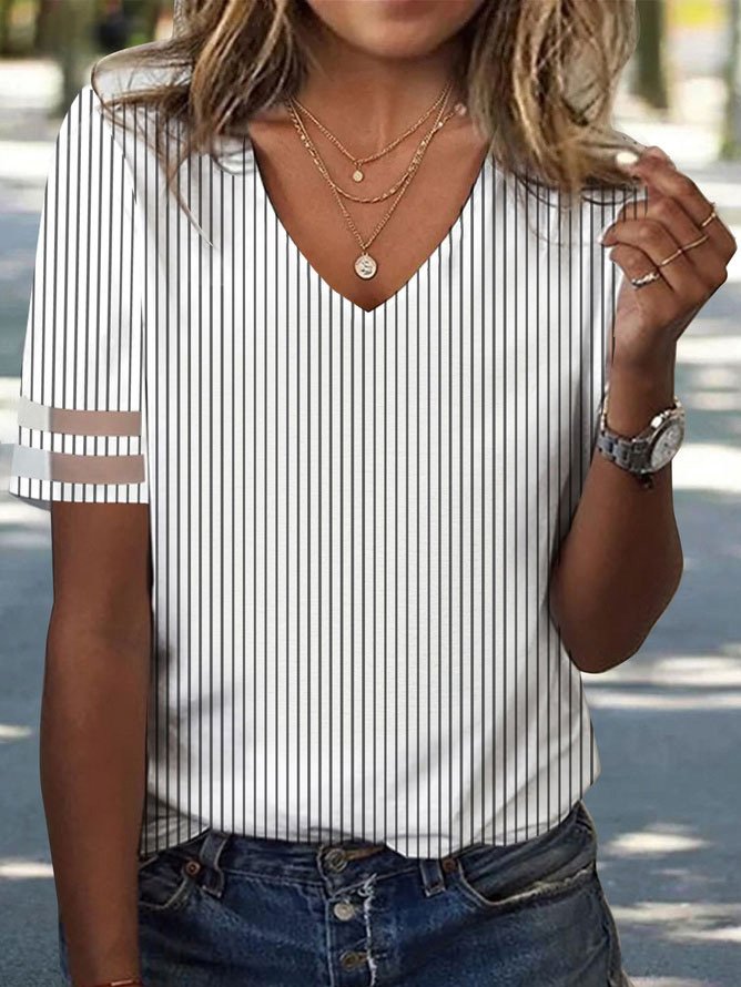 Striped Loose V Neck Casual Shirt